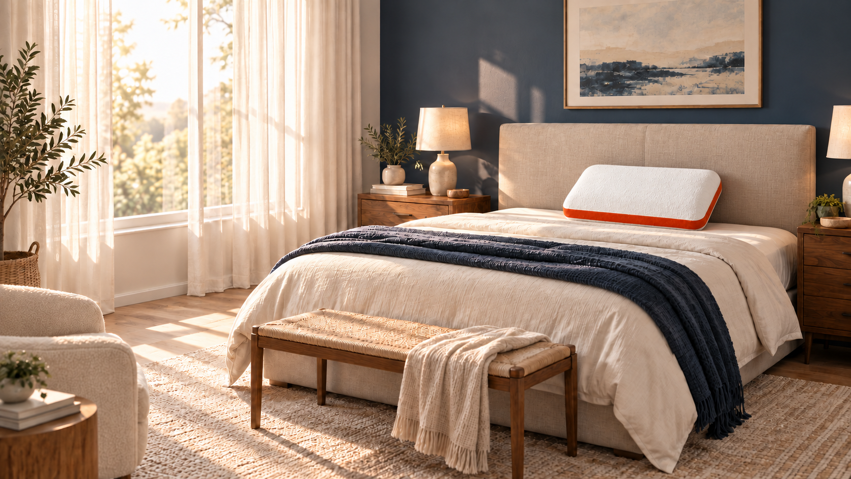 A sunlit bedroom with one white and orange ASRIO silicone foam pillow